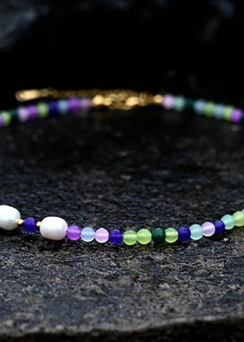Boho Necklace, Seed Bead Choker, Crystal Pearl